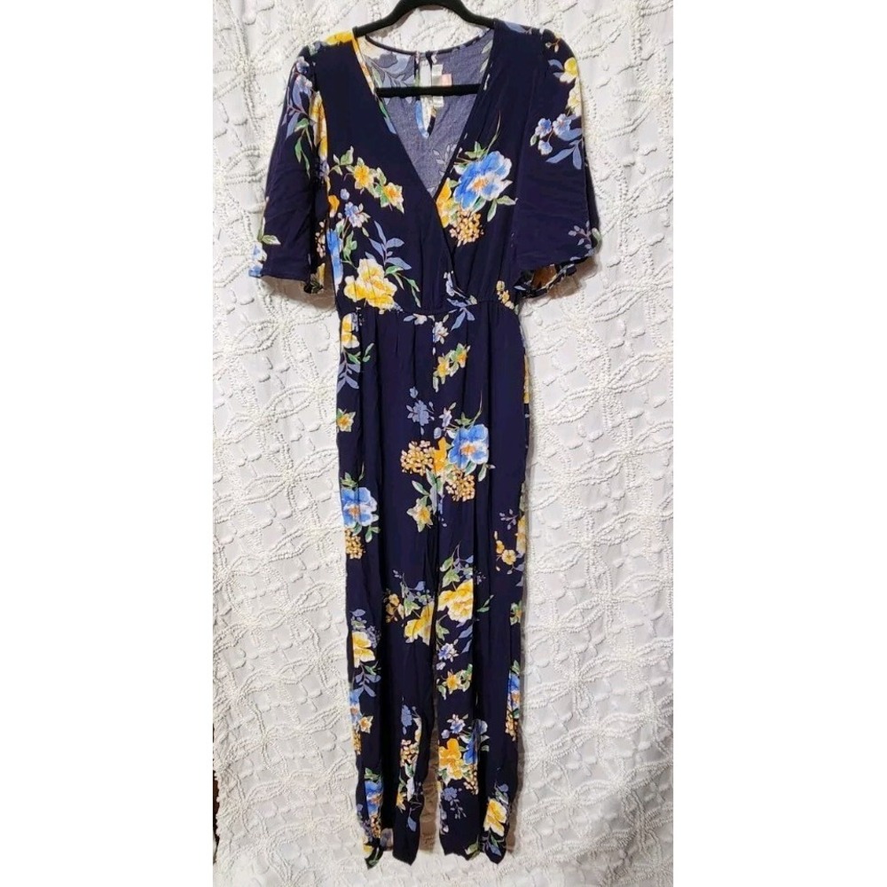Band of Gypsies Navy Floral Wrap Romper Jumpsuit with Yellow & Blue Blooms